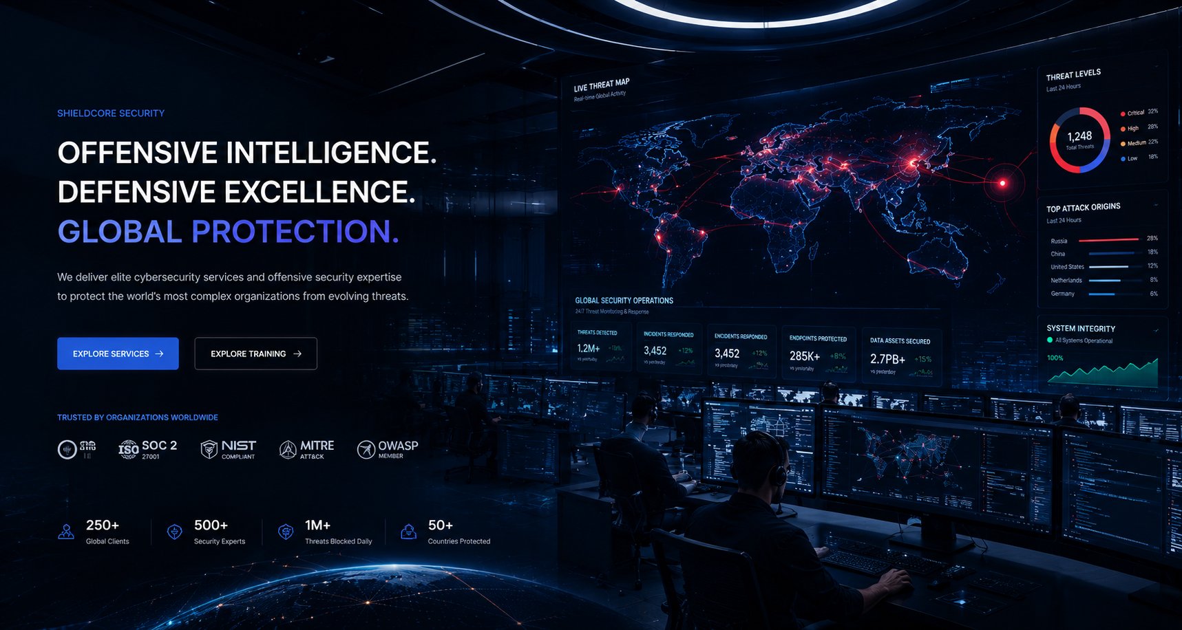 ShieldCore Security Operations Center — Live Threat Monitoring